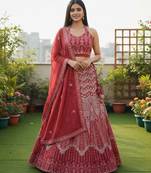 Faux Georgette Semi Stiched Burgundy Embroidered Lehenga Unstiched Choli And Dupatta