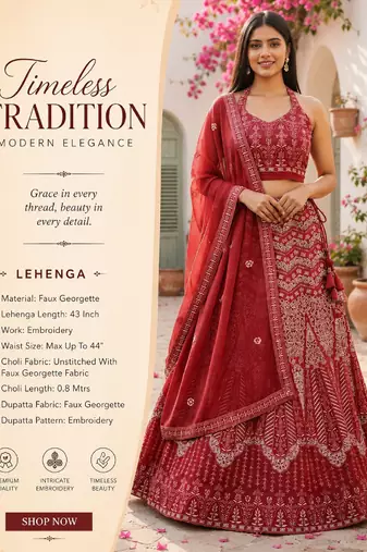 Faux Georgette Semi Stiched Burgundy Embroidered Lehenga Unstiched Choli And Dupatta