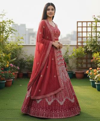 Faux Georgette Semi Stiched Burgundy Embroidered Lehenga Unstiched Choli And Dupatta 3