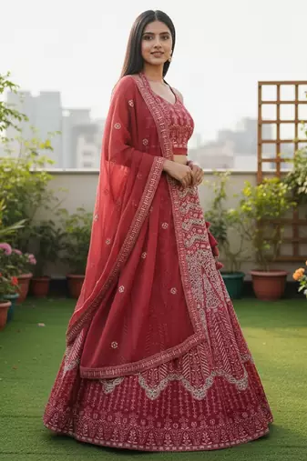 Faux Georgette Semi Stiched Burgundy Embroidered Lehenga Unstiched Choli And Dupatta