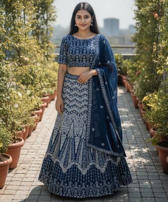 Faux Georgette Semi Stiched Blue Embroidered Lehenga With Unstiched Choli And Dupatta 1