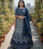 Faux Georgette Semi Stiched Blue Embroidered Lehenga With Unstiched Choli And Dupatta