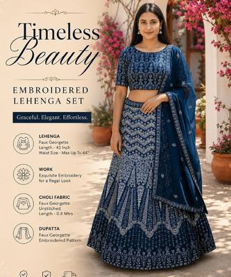 Faux Georgette Semi Stiched Blue Embroidered Lehenga With Unstiched Choli And Dupatta 2