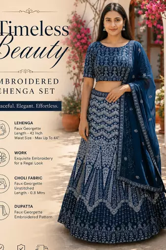 Faux Georgette Semi Stiched Blue Embroidered Lehenga With Unstiched Choli And Dupatta