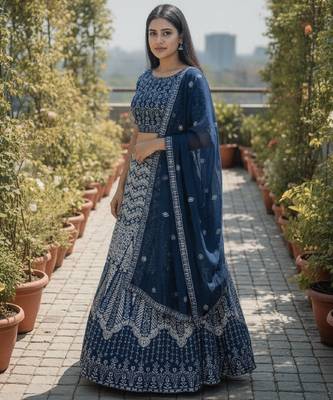 Faux Georgette Semi Stiched Blue Embroidered Lehenga With Unstiched Choli And Dupatta 3