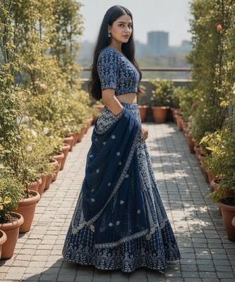 Faux Georgette Semi Stiched Blue Embroidered Lehenga With Unstiched Choli And Dupatta 4
