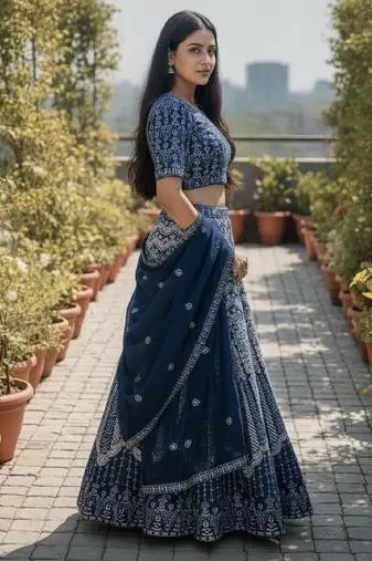 Faux Georgette Semi Stiched Blue Embroidered Lehenga With Unstiched Choli And Dupatta