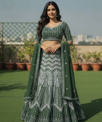 Faux Georgette Semi Stiched Bottle Green Embroidered Lehenga With Unstiched Choli And Dupatta 1