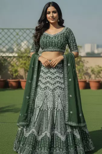 Faux Georgette Semi Stiched Bottle Green Embroidered Lehenga With Unstiched Choli And Dupatta