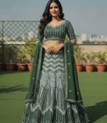 Faux Georgette Semi Stiched Bottle Green Embroidered Lehenga With Unstiched Choli And Dupatta