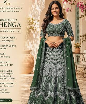 Faux Georgette Semi Stiched Bottle Green Embroidered Lehenga With Unstiched Choli And Dupatta 2