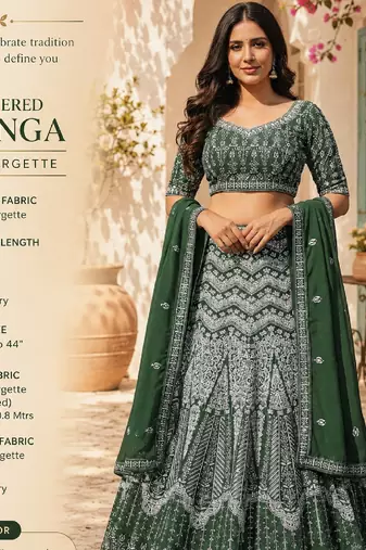 Faux Georgette Semi Stiched Bottle Green Embroidered Lehenga With Unstiched Choli And Dupatta