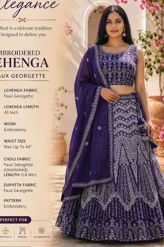 Faux Georgette Semi Stiched Purple Embroidered Lehenga With Unstiched Choli And Dupatta