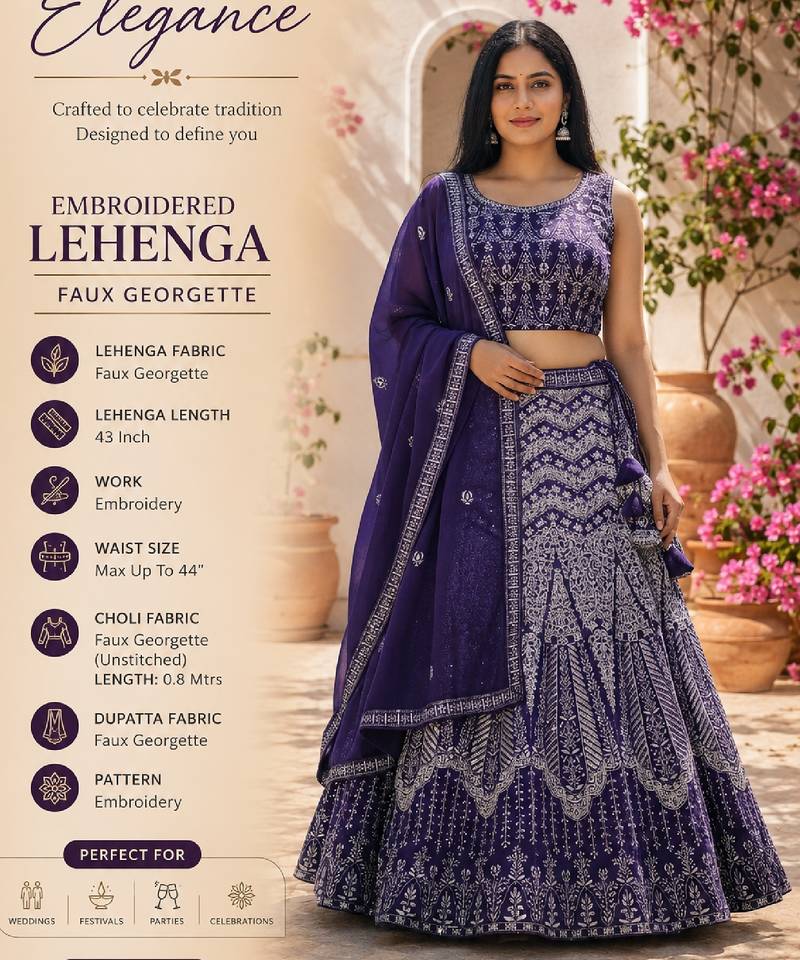 Faux Georgette Semi Stiched Purple Embroidered Lehenga With Unstiched Choli And Dupatta