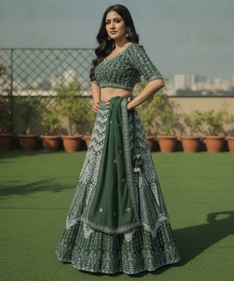 Faux Georgette Semi Stiched Bottle Green Embroidered Lehenga With Unstiched Choli And Dupatta 3