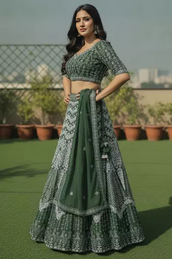 Faux Georgette Semi Stiched Bottle Green Embroidered Lehenga With Unstiched Choli And Dupatta