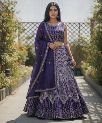 Faux Georgette Semi Stiched Purple Embroidered Lehenga With Unstiched Choli And Dupatta 3