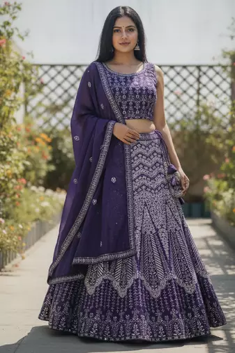 Faux Georgette Semi Stiched Purple Embroidered Lehenga With Unstiched Choli And Dupatta