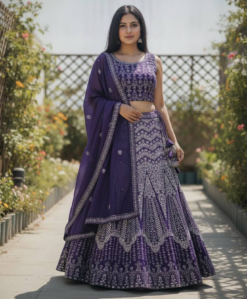 Faux Georgette Semi Stiched Purple Embroidered Lehenga With Unstiched Choli And Dupatta