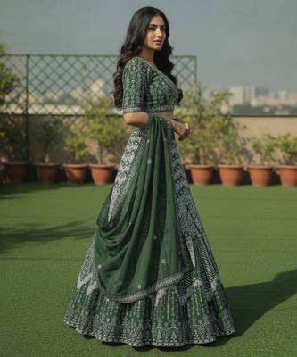 Faux Georgette Semi Stiched Bottle Green Embroidered Lehenga With Unstiched Choli And Dupatta 4