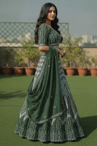 Faux Georgette Semi Stiched Bottle Green Embroidered Lehenga With Unstiched Choli And Dupatta