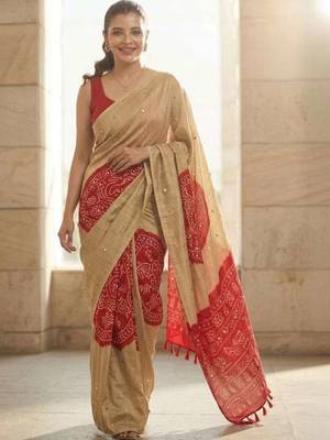 Cream silk embroidered mirror work heavy look ethnic saree with blouse 1