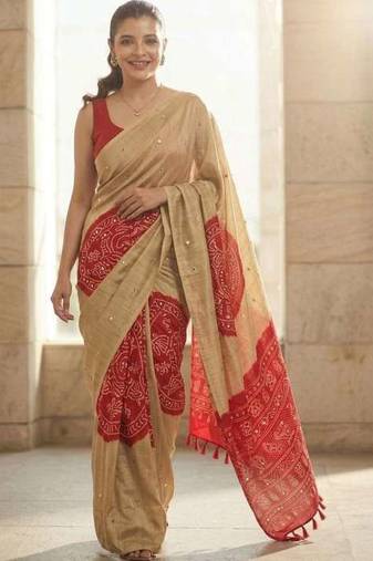 Cream silk embroidered mirror work heavy look ethnic saree with blouse