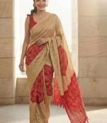 Cream silk embroidered mirror work heavy look ethnic saree with blouse