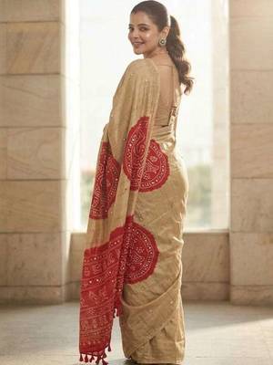 Cream silk embroidered mirror work heavy look ethnic saree with blouse 3
