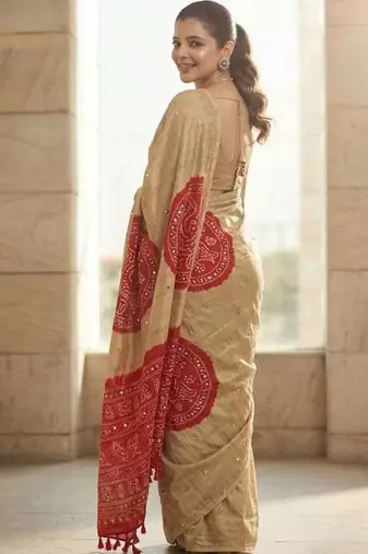 Cream silk embroidered mirror work heavy look ethnic saree with blouse