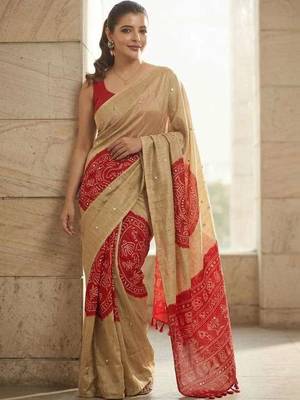 Cream silk embroidered mirror work heavy look ethnic saree with blouse 4