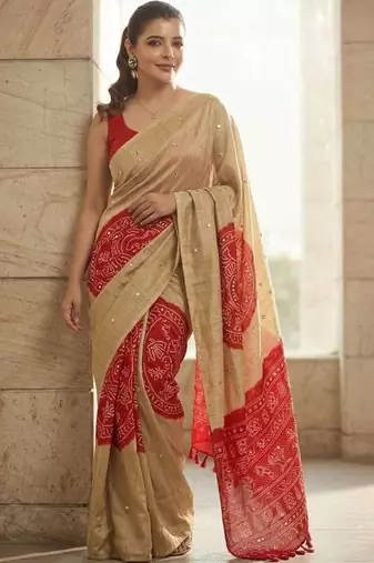 Cream silk embroidered mirror work heavy look ethnic saree with blouse