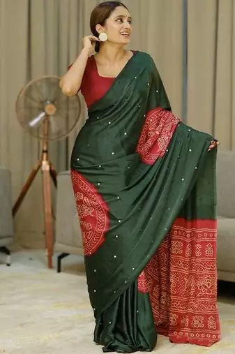 Green silk embroidered mirror work heavy look ethnic saree with blouse