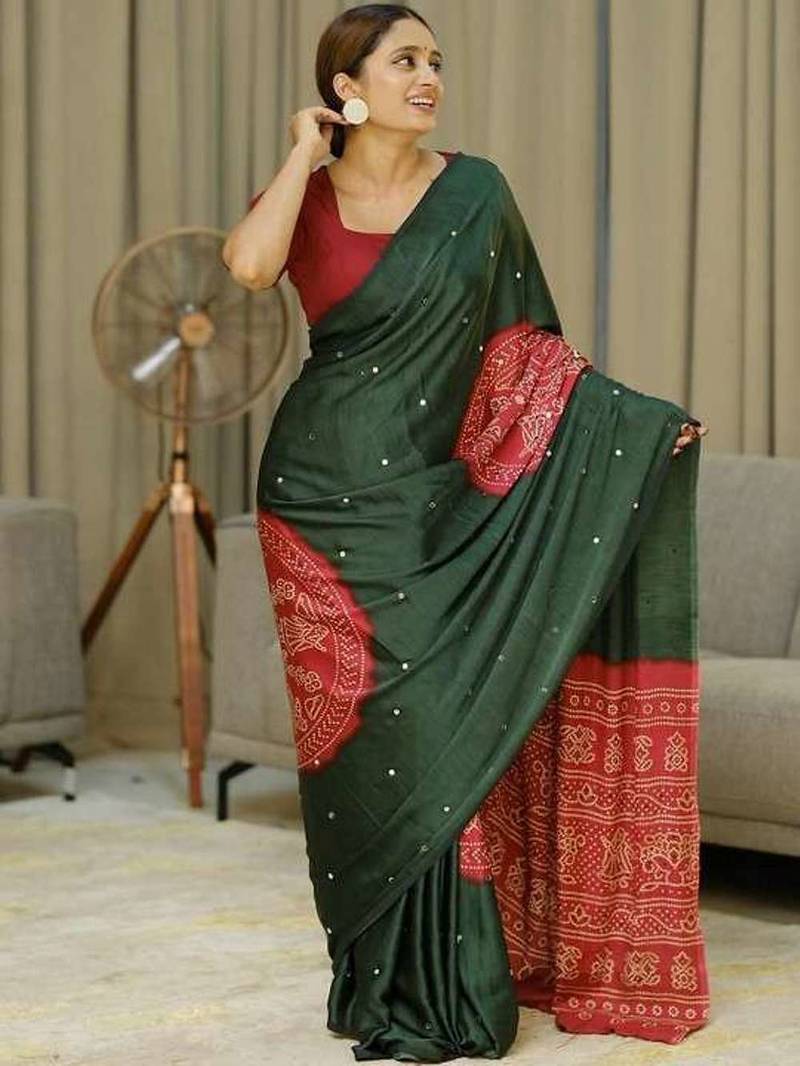 Green silk embroidered mirror work heavy look ethnic saree with blouse