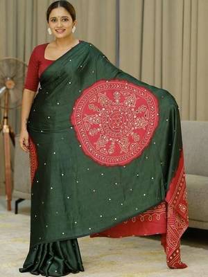 Green silk embroidered mirror work heavy look ethnic saree with blouse 4