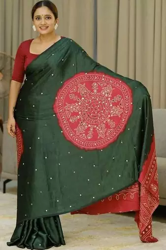 Green silk embroidered mirror work heavy look ethnic saree with blouse