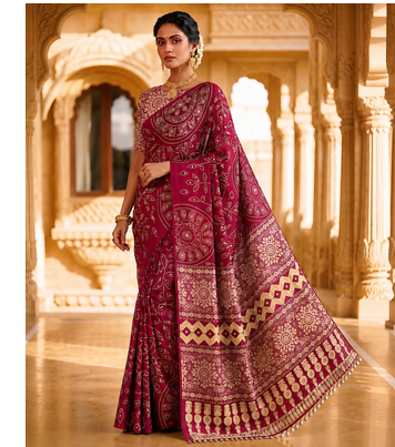 Maroon Color Fancy Big Mirror Embroidery Cut Work Lace Fitting With Bandhani Printing Creap Silk Saree 1