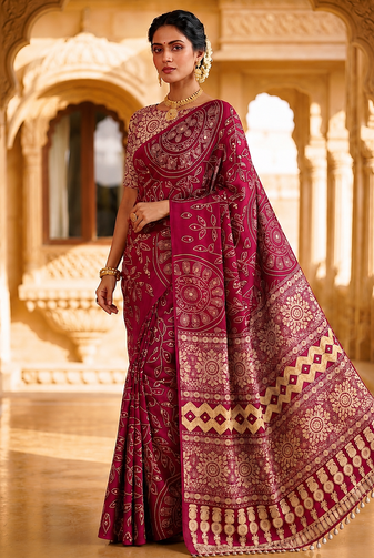 Maroon Fancy Big Mirror Embroidery Cut Lace Fitting With Bandhani Printing Creap Silk Saree