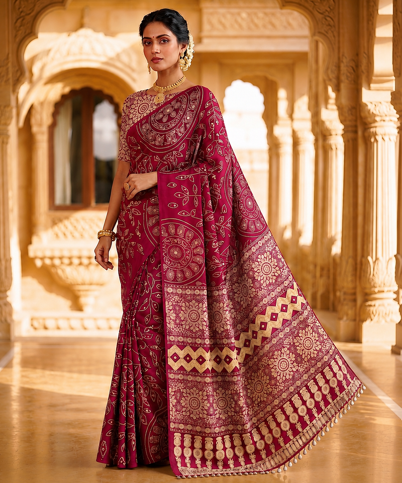 Maroon Color Fancy Big Mirror Embroidery Cut Work Lace Fitting With Bandhani Printing Creap Silk Saree