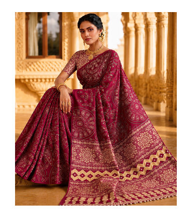 Maroon Color Fancy Big Mirror Embroidery Cut Work Lace Fitting With Bandhani Printing Creap Silk Saree 2