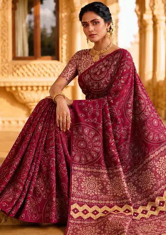 Maroon Color Fancy Big Mirror Embroidery Cut Work Lace Fitting With Bandhani Printing Creap Silk Saree