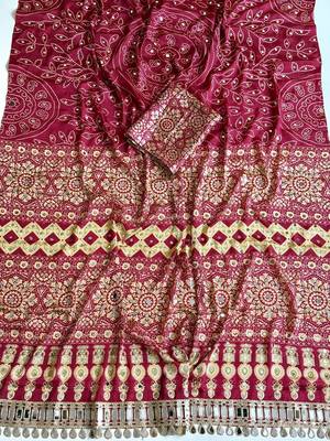Maroon Color Fancy Big Mirror Embroidery Cut Work Lace Fitting With Bandhani Printing Creap Silk Saree 3