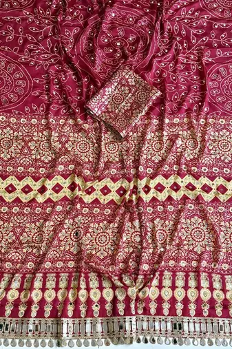 Maroon Color Fancy Big Mirror Embroidery Cut Work Lace Fitting With Bandhani Printing Creap Silk Saree