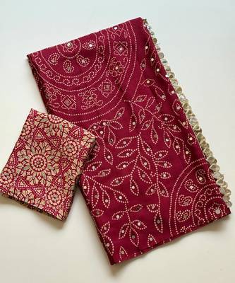 Maroon Color Fancy Big Mirror Embroidery Cut Work Lace Fitting With Bandhani Printing Creap Silk Saree 4