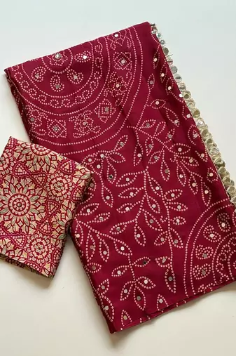Maroon Color Fancy Big Mirror Embroidery Cut Work Lace Fitting With Bandhani Printing Creap Silk Saree