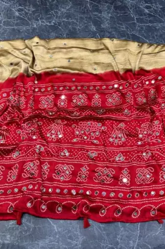 Cream silk embroidered mirror work heavy look ethnic saree with blouse