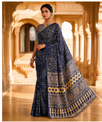 Navy Blue Color Fancy Big Mirror Embroidery Cut Work Lace Fitting With Bandhani Printing Creap Silk Saree 1