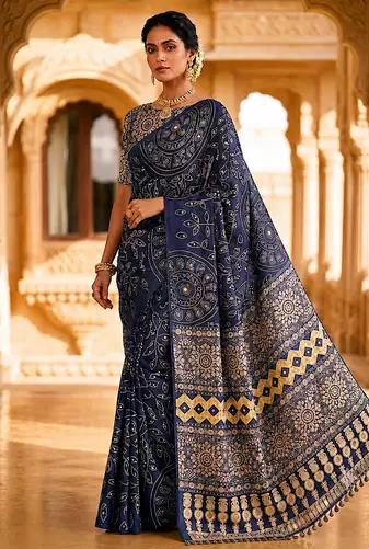 Navy Blue Color Fancy Big Mirror Embroidery Cut Work Lace Fitting With Bandhani Printing Creap Silk Saree