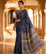 Navy Blue Color Fancy Big Mirror Embroidery Cut Work Lace Fitting With Bandhani Printing Creap Silk Saree