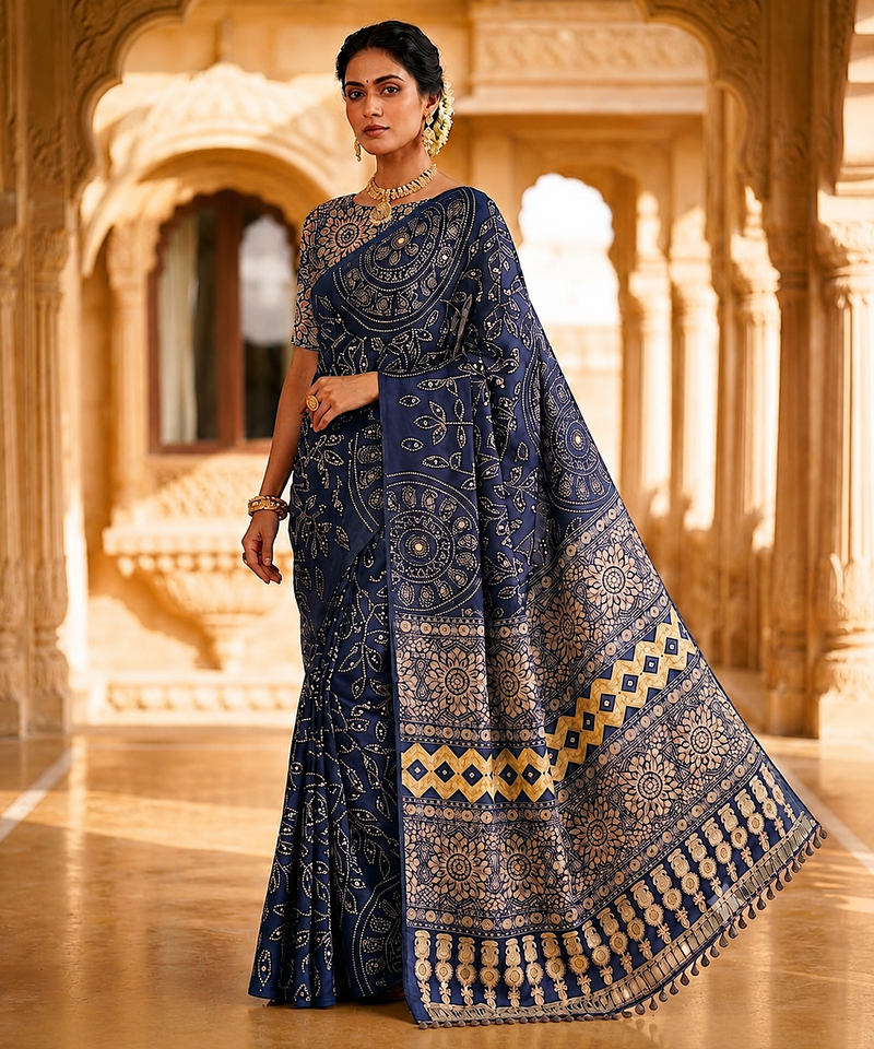 Navy Blue Color Fancy Big Mirror Embroidery Cut Work Lace Fitting With Bandhani Printing Creap Silk Saree